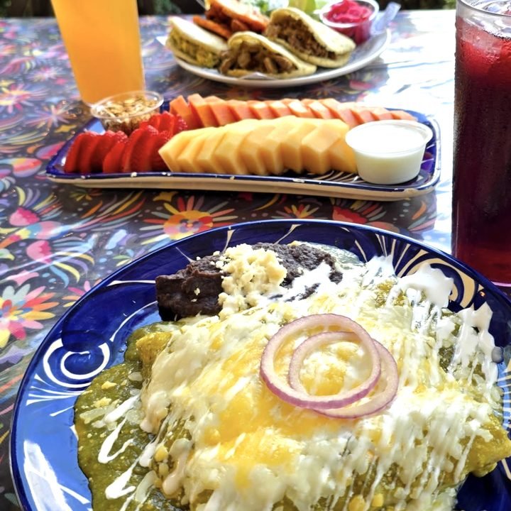Enchiladas verdes con fruta fresca en el jardín